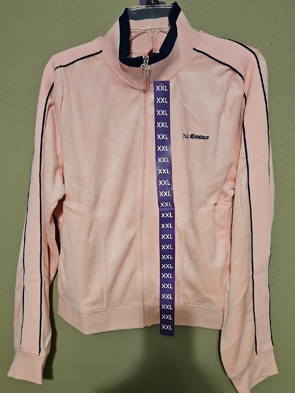 Juicy Couture Pale Pink Velour Bomber Jacket with Navy Trim